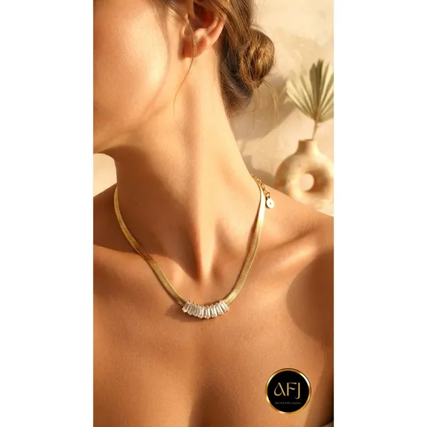 Anti-Tarnish_Baguette_CZ_Herringbone_Snake_Chain_Necklace