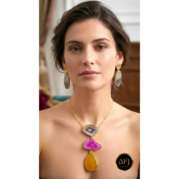 Vibrant_Magenta_&_Amber_Raw_Gemstone_Jewelry_Set