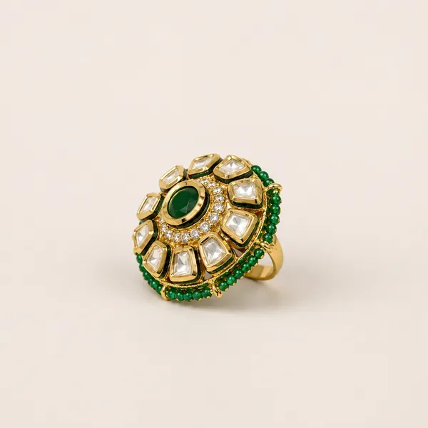 Gold_And_Green_Brass_Kundan_Polki_Adjustable_Ring_For_Women