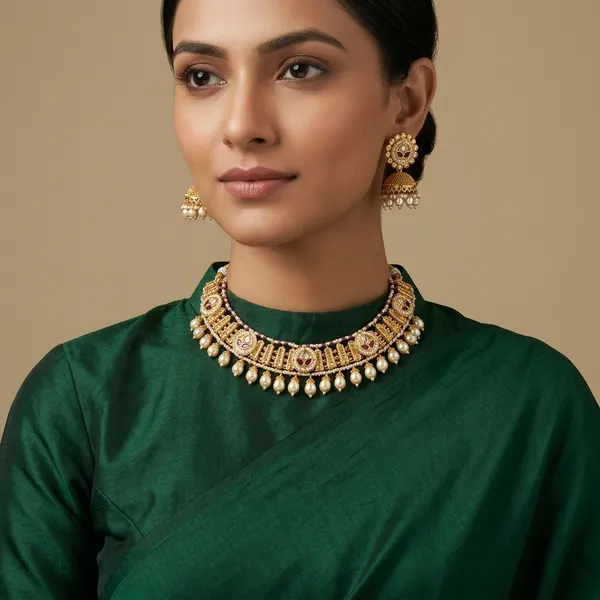 Gold_Brass_Kundan_Choker_Necklace_Set_For_Women