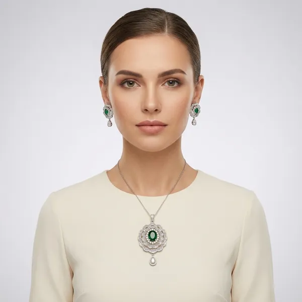 Green_And_Clear_Brass_Green_Stone_Floral_Pendant_Set_For_Women