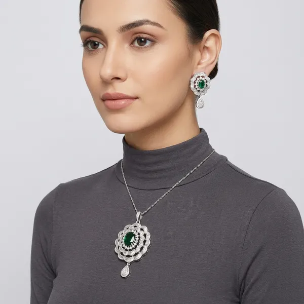 Green_And_Clear_Brass_Green_Stone_Floral_Pendant_Set_For_Women
