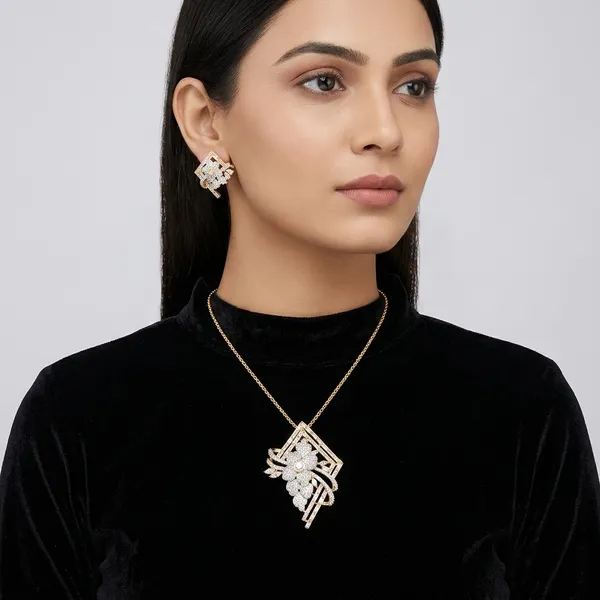 Gold_And_Clear_Brass_American_Diamond_Floral_Pendant_Set_For_Women