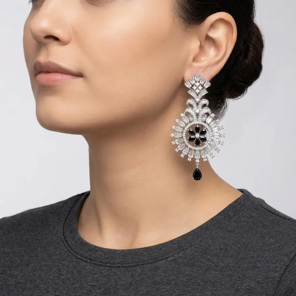 Silver_Brass_Floral_Crystal_Black_Stone_Drop_Earrings_For_Women