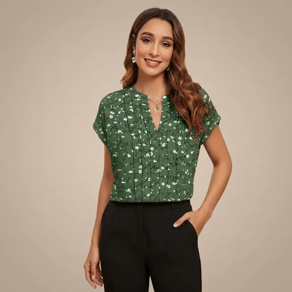 Floral_Pleated_V_Neck_Top_Green