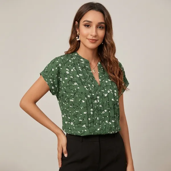 Floral_Pleated_V_Neck_Top_Green
