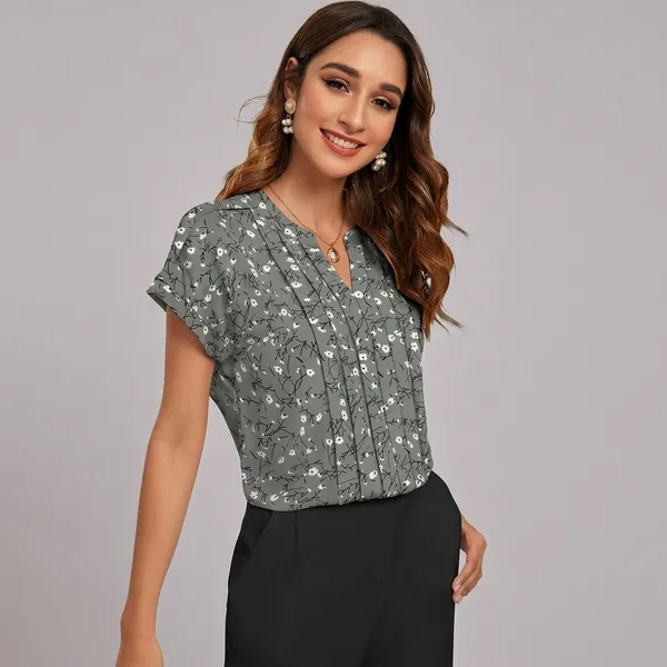 Floral_Pleated_V_Neck_Top_Grey