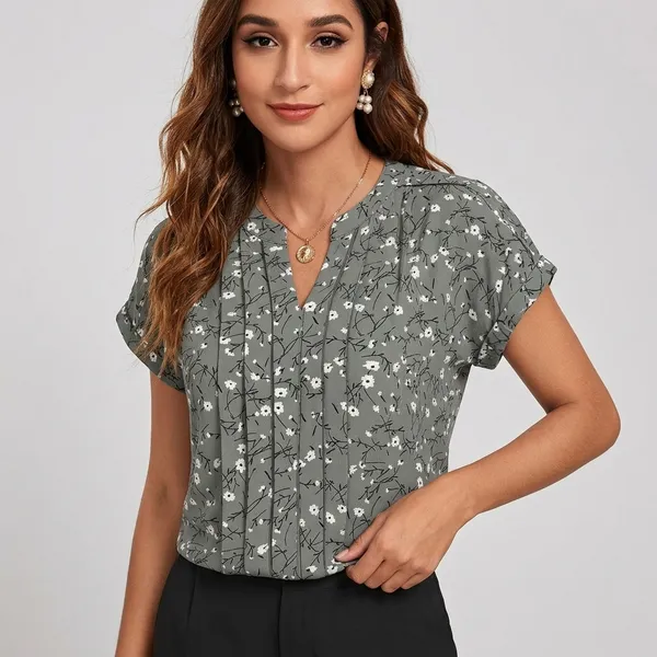 Floral_Pleated_V_Neck_Top_Grey