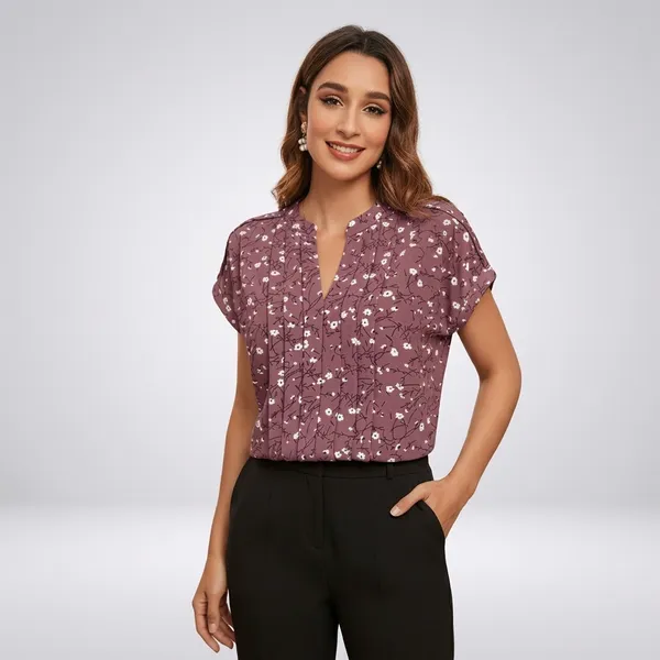 Floral_Pleated_V_Neck_Top_Bronze
