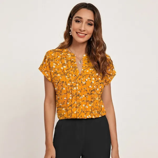Floral_Pleated_V_Neck_Top_Yellow