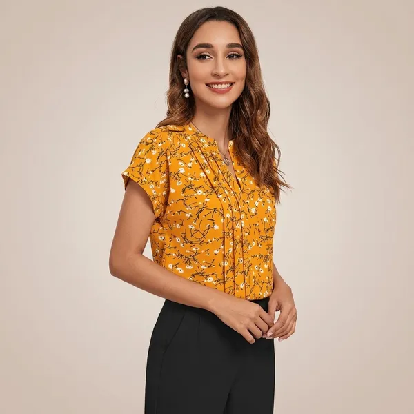 Floral_Pleated_V_Neck_Top_Yellow