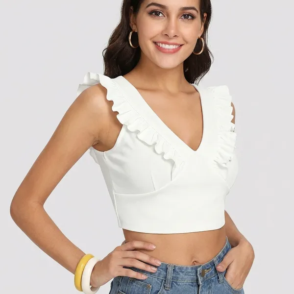 White_Ruffled_V_Neck_Cropped_Top_White