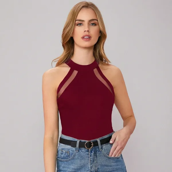 Chic_Black_Mesh_Panel_Halter_Neck_Top_Maroon