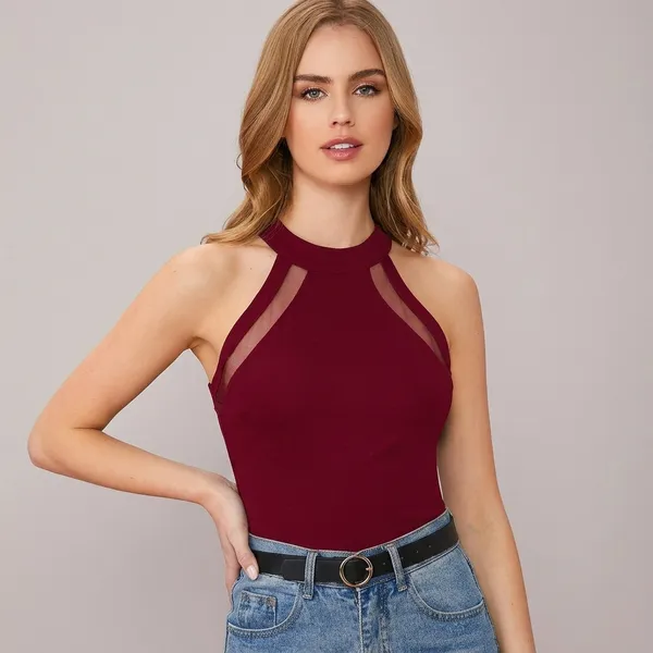 Chic_Black_Mesh_Panel_Halter_Neck_Top_Maroon