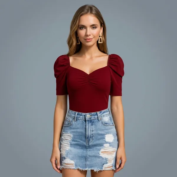 Puff_Sleeve_Top_For_Women_Red