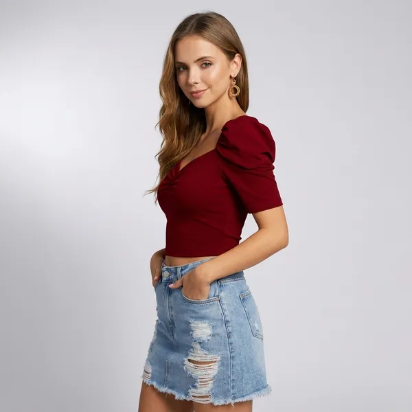 Puff_Sleeve_Top_For_Women_Red