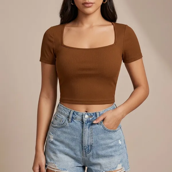 Square_Neck_Ribbed_Cropped_Top_Short_Sleeve_Brown