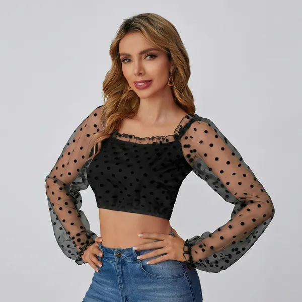 Dot_Mesh_Crop_Top_Party_Wear_Black