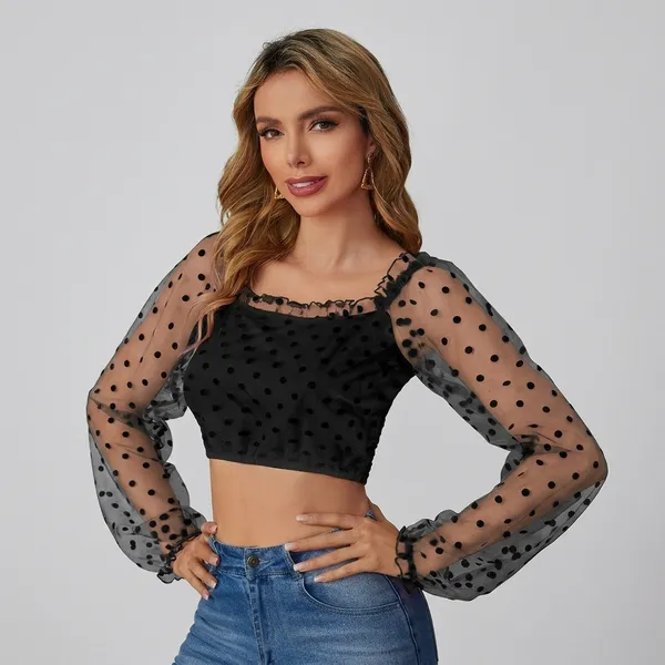 Dot_Mesh_Crop_Top_Party_Wear_Black