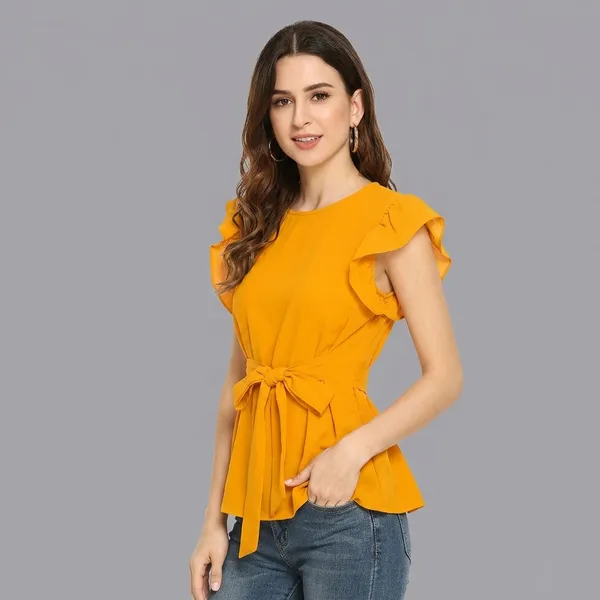 Sleeve_Belted_Peplum_Top_Yellow