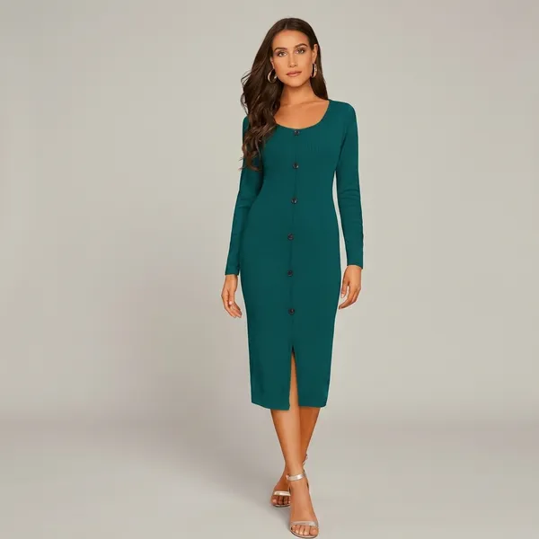 Teal_Button_Front_Bodycon_Midi_Morpich