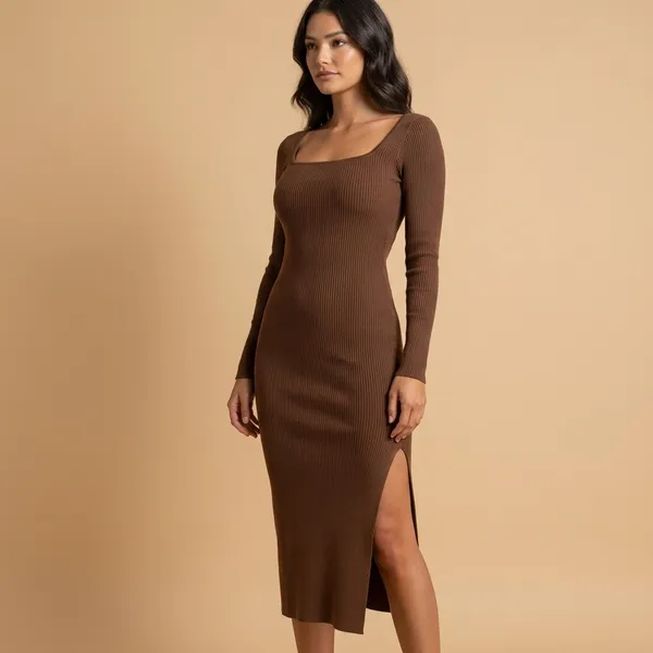 Square_Neck_Long_Sleeve_Slit_Midi_Dres_Brown