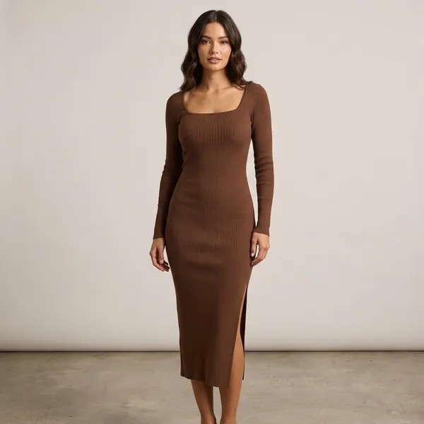 Square_Neck_Long_Sleeve_Slit_Midi_Dres_Brown
