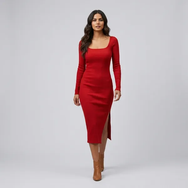 Square_Neck_Long_Sleeve_Slit_Midi_Dres_Red