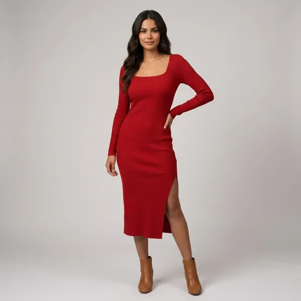 Square_Neck_Long_Sleeve_Slit_Midi_Dres_Red