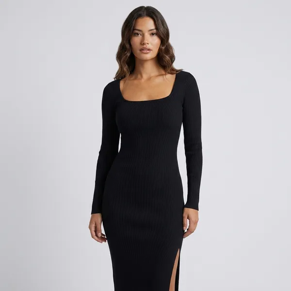 Square_Neck_Long_Sleeve_Slit_Midi_Dres_Black