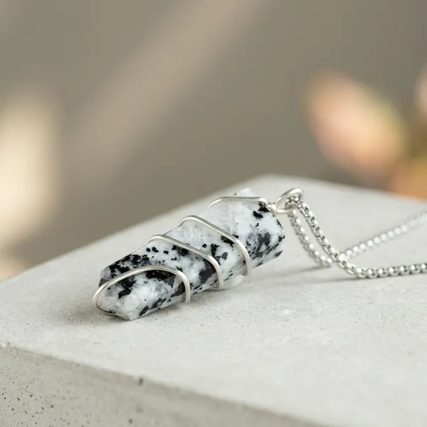 White_and_Black_Marbled_Stone_Rectangular_Pendant_Necklace