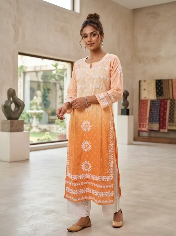 Peach_Orange_Embroidered_Cotton_Kurta_For_Women