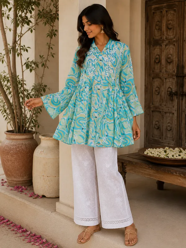 Turquoise_Printed_Cotton_Flared_Short_Tunic_For_Women
