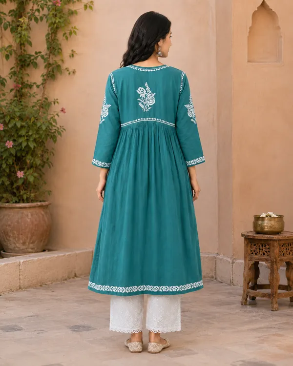 Teal_Cotton_Floral_Embroidered_Anarkali_Kurta_For_Women