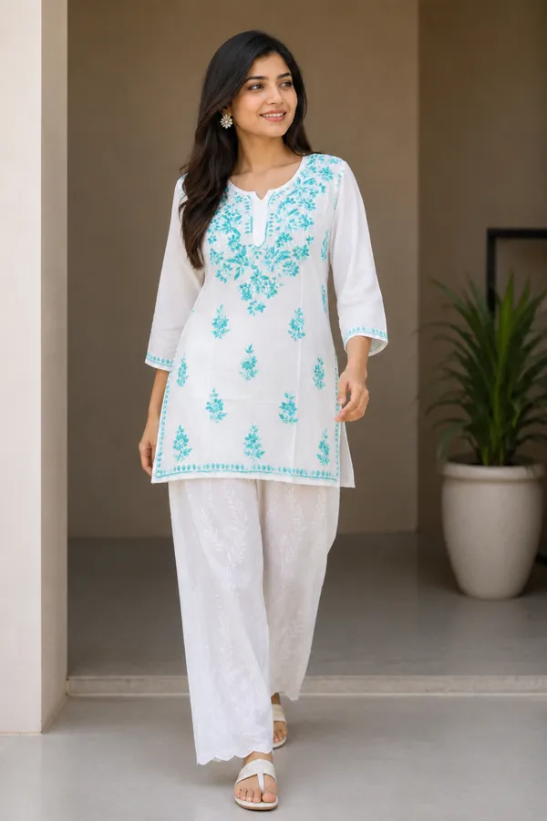 White_Floral__Short_Kurta_For_Women
