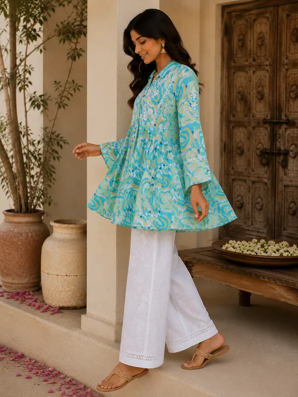 Turquoise_Printed_Cotton_Flared_Short_Tunic_For_Women