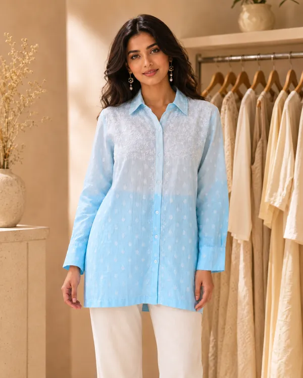 Blue_Cotton_Embroidered_Collar_Shirt_For_Women