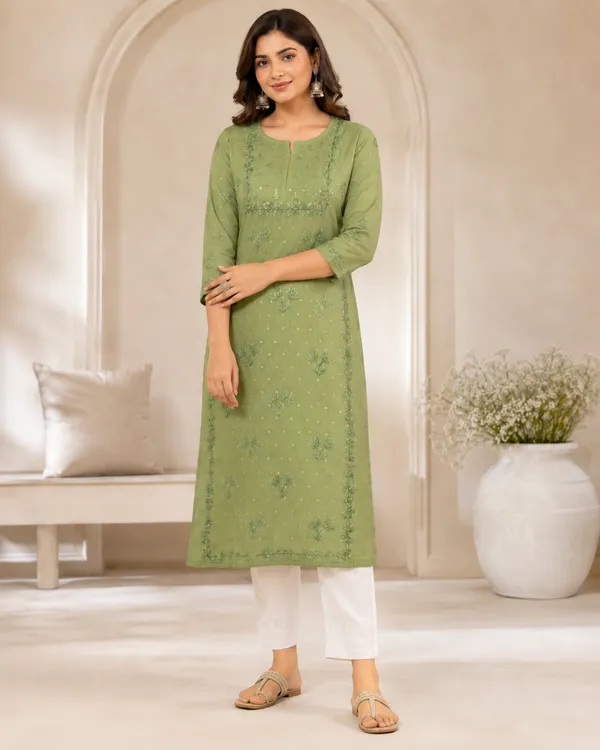 Green_Embroidered_Straight_Kurta_With_White_Pants_For_Women