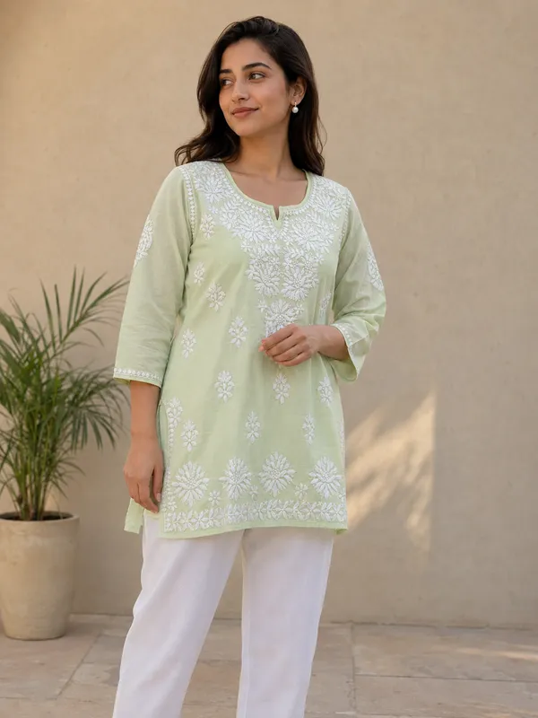 Green_Embroidered_Short_Kurta__For_Women