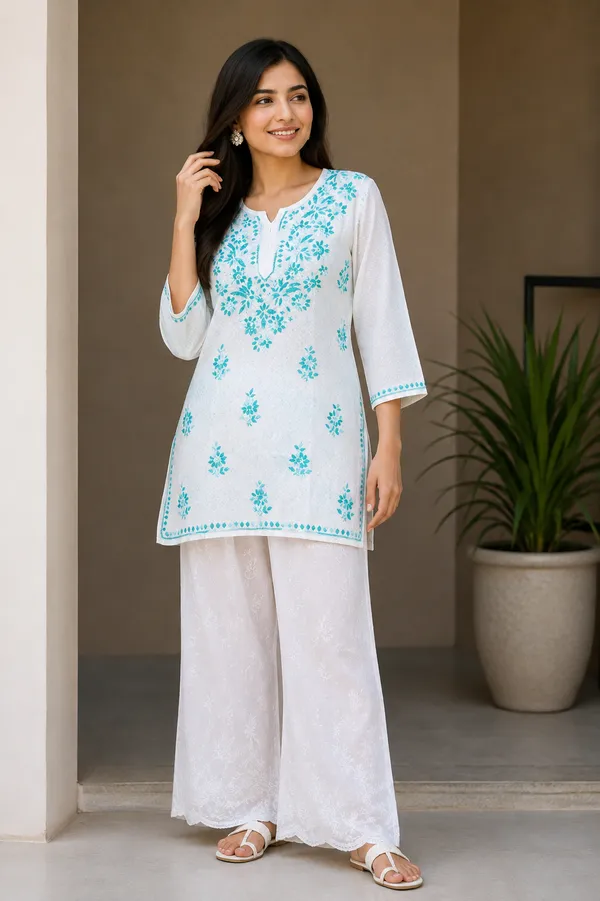White_Floral__Short_Kurta_For_Women