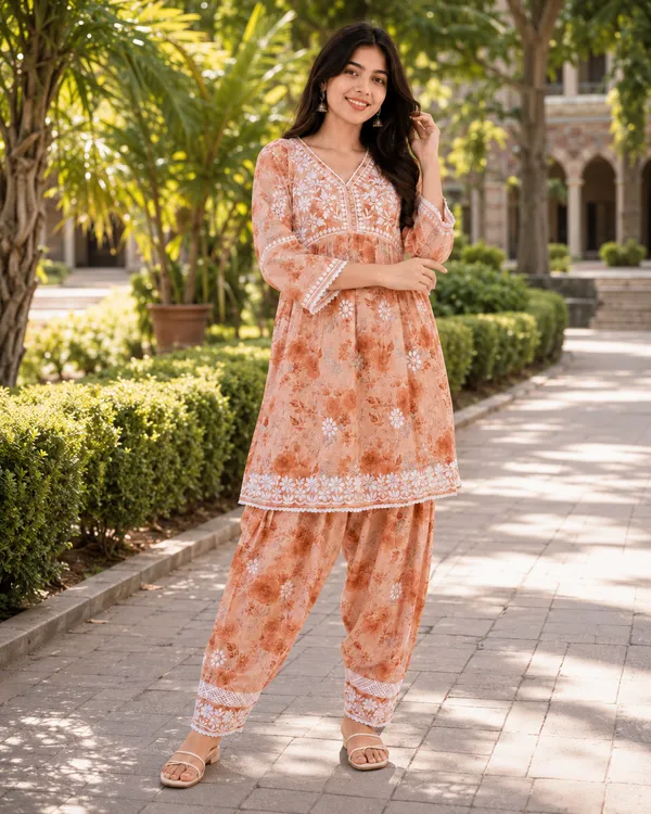 Peach_Floral_Printed_Embroidered_Kurta_Palazzo_Set_For_Women