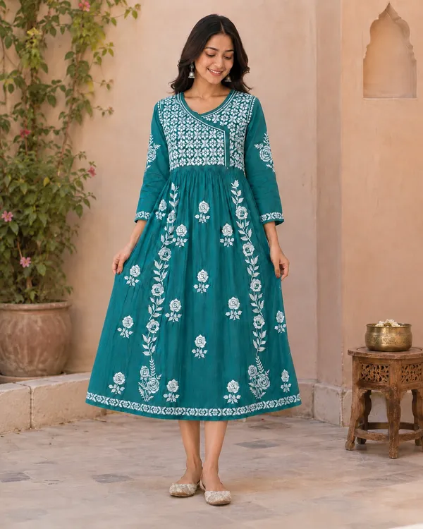 Teal_Cotton_Floral_Embroidered_Anarkali_Kurta_For_Women