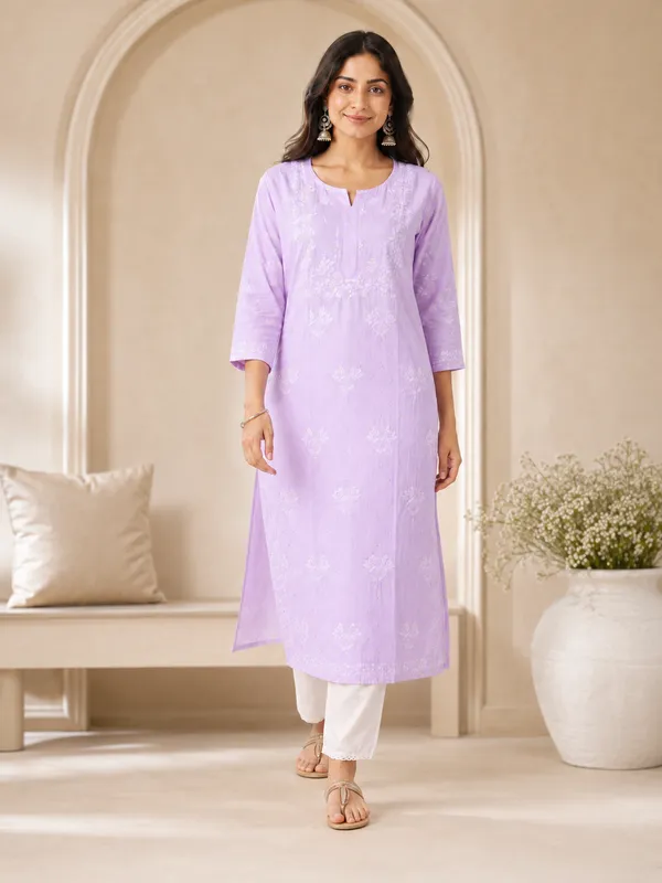 Lavender_Cotton_Embroidered_Straight_Kurta_For_Women