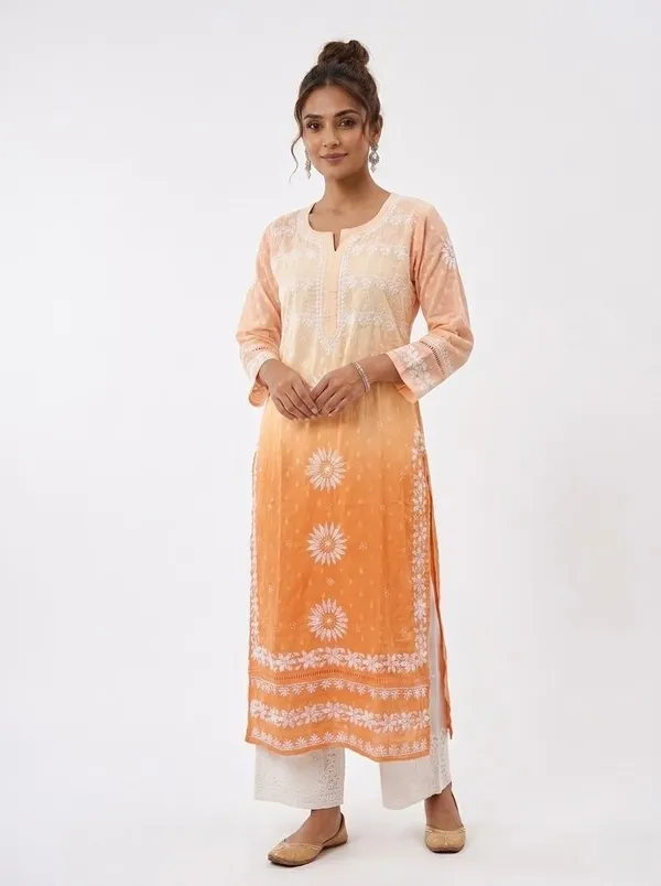 Peach_Orange_Embroidered_Cotton_Kurta_For_Women
