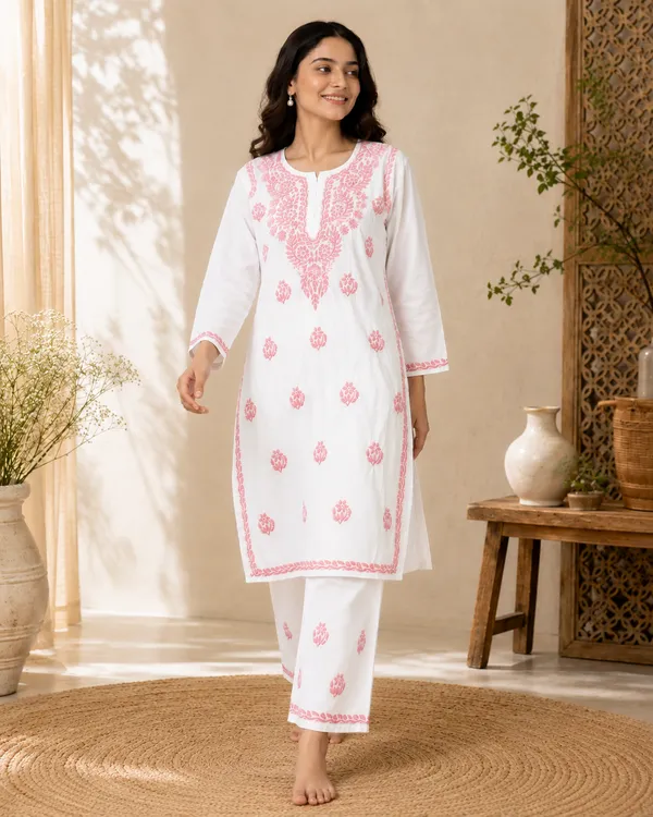 White_Hand_Embroided_Straight_Kurta_Set_For_Women