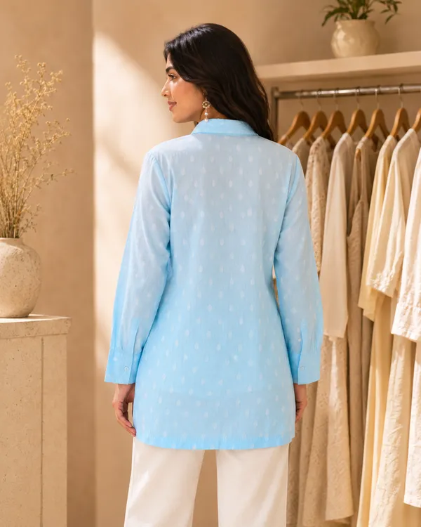 Blue_Cotton_Embroidered_Collar_Shirt_For_Women