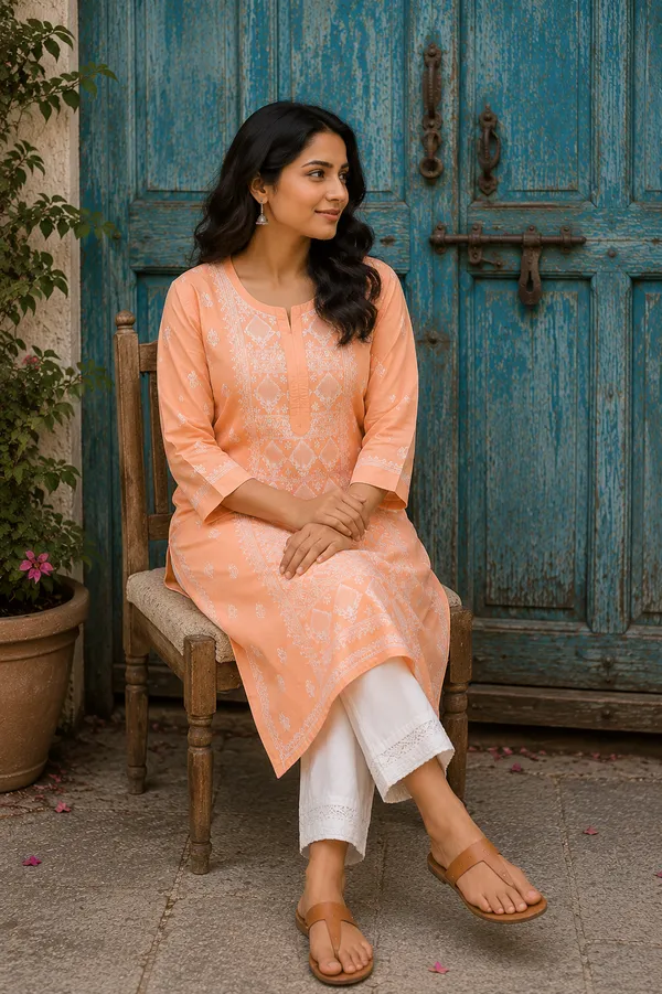Peach_Cotton_Chikankari_Embroidered_Straight_Kurta_For_Women