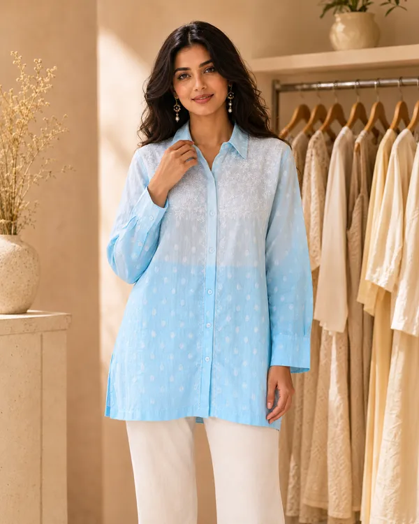 Blue_Cotton_Embroidered_Collar_Shirt_For_Women