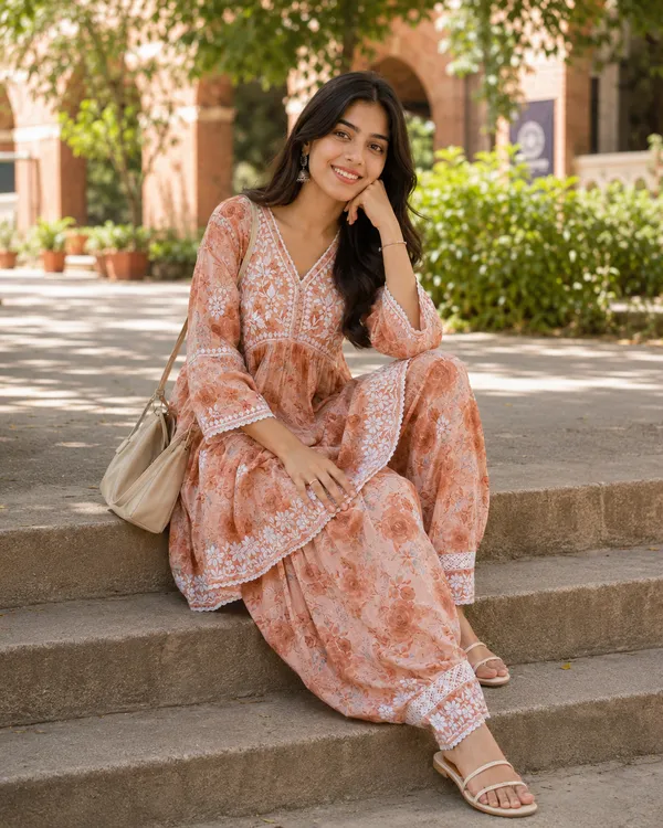 Peach_Floral_Printed_Embroidered_Kurta_Palazzo_Set_For_Women