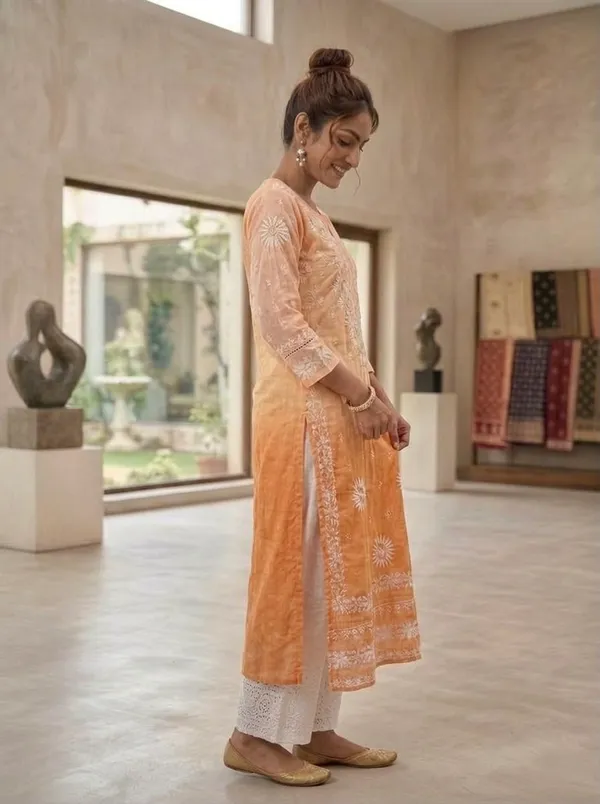 Peach_Orange_Embroidered_Cotton_Kurta_For_Women